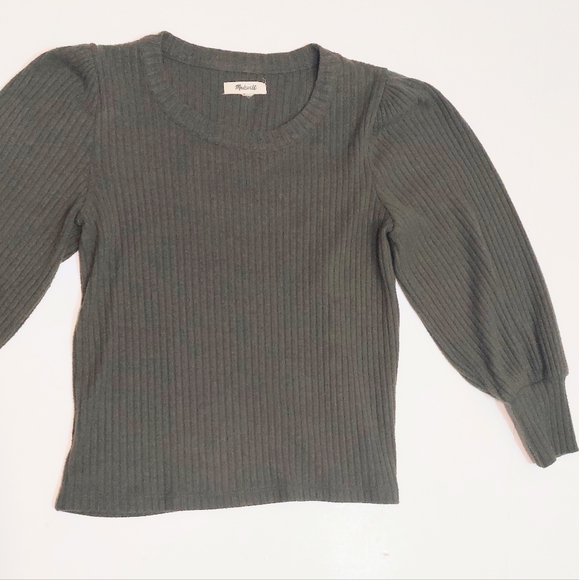 Madewell Ribbed Knit Green Puff-sleeve Top, Size S - Picture 4 of 5